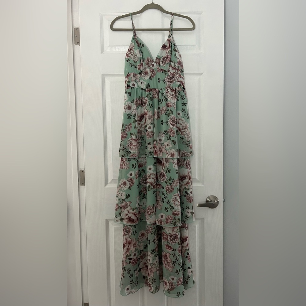 V-neck, Ruffled Maxi Dress, flower print, M